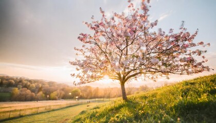 beautiful spring nature scene with pink blooming tree