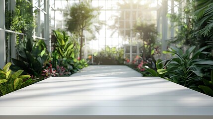 White wooden empty table, light color greenhouse in background. Concept eco system. Copy space for text or can used for display or montage your products. 