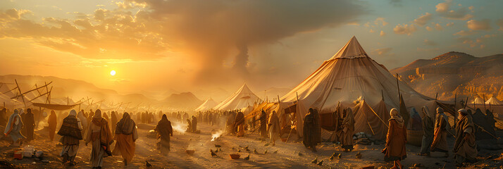 Ancient Israelis Living in Tents During a Wander,
Crowd of middle eastern refugees camp
 - obrazy, fototapety, plakaty