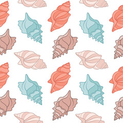 Seamless pattern of sea shells. Seashells of pastel colors on a white background. Vector	
