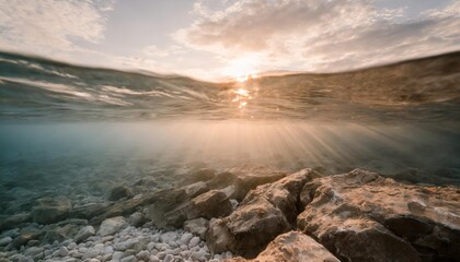 serene underwater view with sun rays and rocky bottom