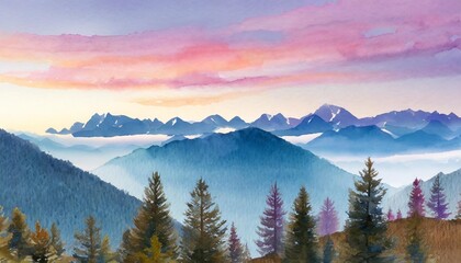 seamless pattern with mountains and pine trees in blue purple and pink colors hand drawn watercolor mountain landscape seamless border for print graphic design postcard wallpaper wrapping paper