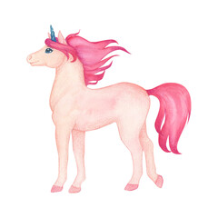 Watercolor illustration of a cute standing unicorn in pink and turquoise colors. Fairy-tale cartoon...