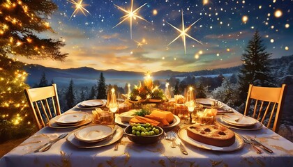 the christmas table was adorned with a beautiful patterned tablecloth depicting a starry night sky...