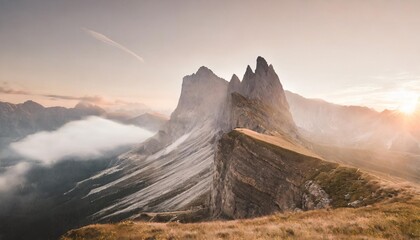 epic misty morning landscape of dolomites alps majestic seceda peak tyrol italy europe - obrazy, fototapety, plakaty