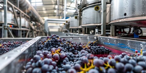 Crushing and Destemming Area: Stainless steel machinery for separating grape skins from stems.