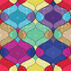 Seamless geometric colorful vintage pattern with grid and mandalas. Vector image