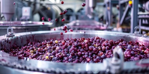 Crushing and Destemming Area: Stainless steel machinery for separating grape skins from stems.