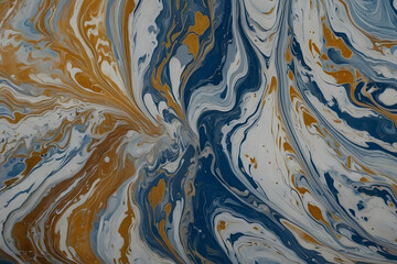 Marbling wallpaper in blue, orange and white color tones background