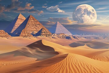 Mystical depiction of a desert landscape, with towering sand dunes, ancient pyramids, and a full moon shining brightly overhead