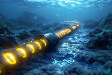 Hightech submarine fiberoptic cable for global underwater communication, data transmission - obrazy, fototapety, plakaty