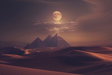 Mystical depiction of a desert landscape, with towering sand dunes, ancient pyramids, and a full moon shining brightly overhead - obrazy, fototapety, plakaty