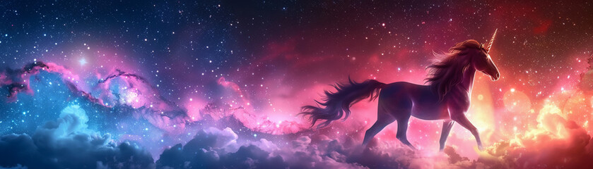 Majestic unicorn silhouette in cosmic nebula, galaxythemed illustration - obrazy, fototapety, plakaty