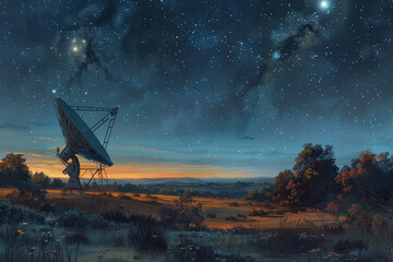Night landscape featuring large radio telescope, scanning the starlit sky