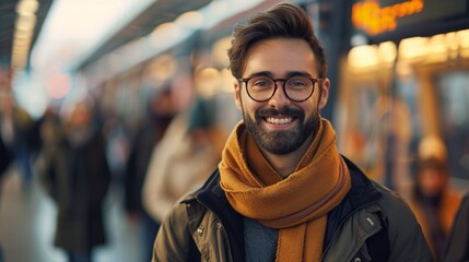 A man with beard and glasses smiling in a subway, AI - Powered by Adobe
