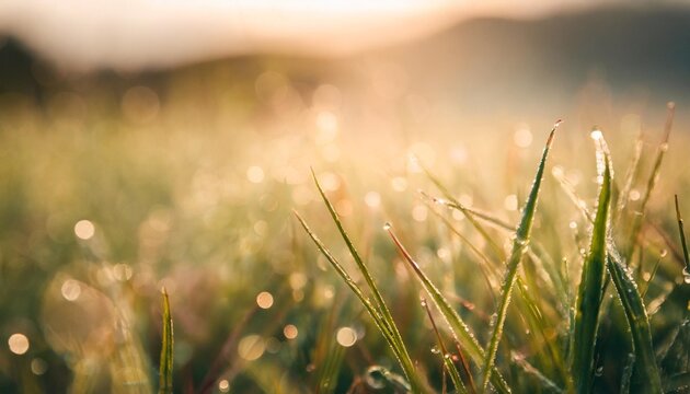 wild green grass with morning dew at sunrise macro image shallow depth of field abstract summer nature background