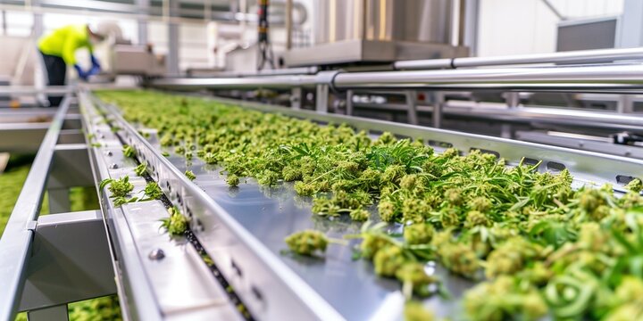 Automated trimming machines in the post-harvest processing area for efficient bud trimming.