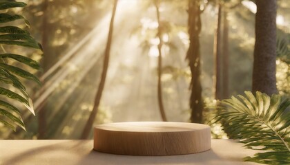 wooden product display podium in jungle forest and sunshine shadow background product presentation theme nature and organic cosmetic and food concept 3d illustration rendering