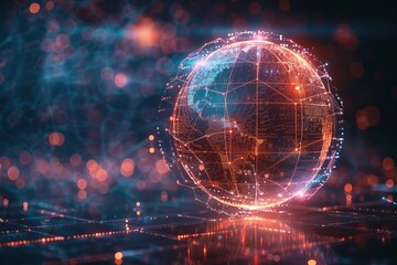 Square view of a digital sphere, central in a network of electronic innovation