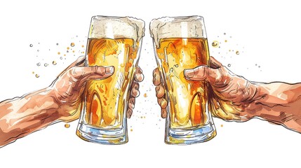 A joyful drawing with two hands bearing a drink of beer is depicted over a white setting and space, Generative AI. - obrazy, fototapety, plakaty