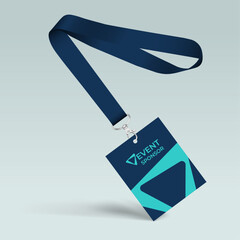 Blue Lanyard and badge. Template for presentation of their design. Realistic vector illustration - 774879344