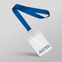 Blue ribbon and access card with plastic case. Template for the presentation of your design. Realistic vector illustration