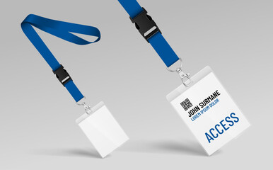 Blue Lanyard and access card with plastic case. Template for the presentation of your design. Realistic vector illustration