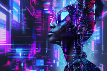 An image of an African-American woman in futuristic glasses on a technological neon background