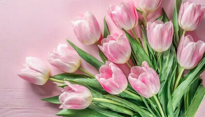 Petals in Bloom: Top Down View of Pink Tulips on Soft Pink Surface