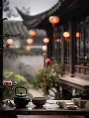 Chinese style tea room, with flowers and lanterns hanging in the background, in a small jiangnan courtyard