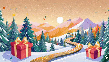 illustration d'un paysage de montagne sous la neige pour les fêtes de Noël représenté par des cadeaux sapin et une route