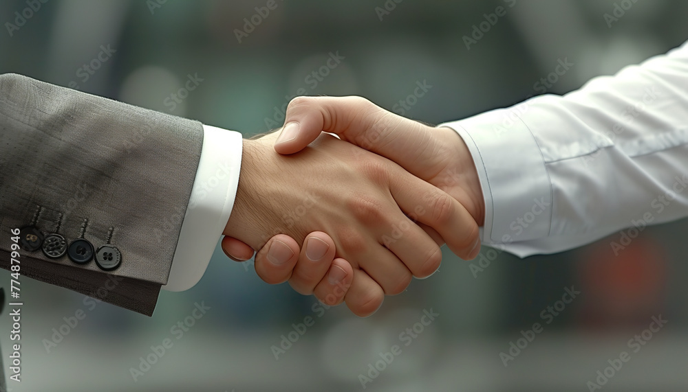 Canvas Prints Two business partners are shaking hands with smiles - sealing the deal after successful negotiations for their startup venture.