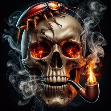 skull with mouth smoking using cigarette pipe, red eyes, cockroach on top of skull - version 1