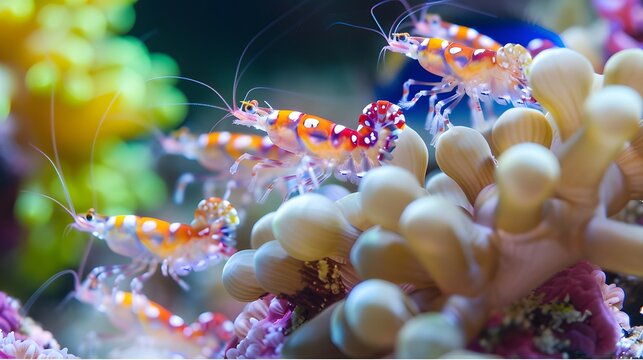 Tiny colorful shrimp climbing over coral formations ai image