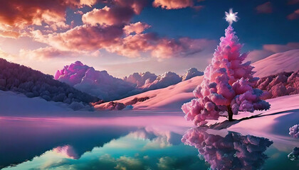 illustration d'un paysage de montagne sous la neige avec un lac et un magnifique un coucher de soleil qui fait des reflets rose - obrazy, fototapety, plakaty