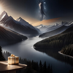illustration d'un paysage de montagne la nuit avec un soleil levant avec un lac au centre