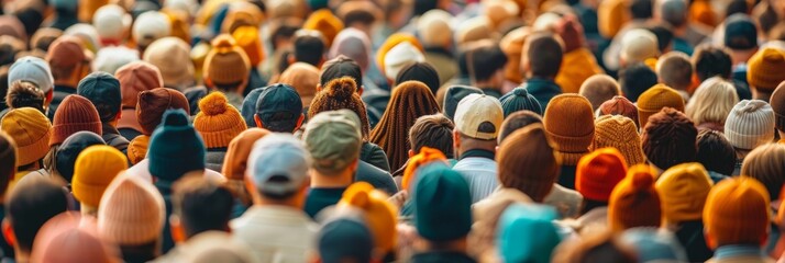 A crowd of people wearing hats and scarves in a large group, AI - obrazy, fototapety, plakaty