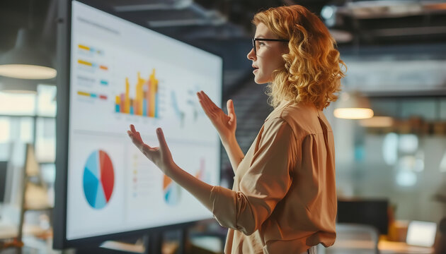 A startup founder passionately delivering a pitch presentation in front of investors - using slides and gestures to convey the business model.