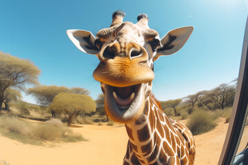 Giraffe looks into the camera in surprise