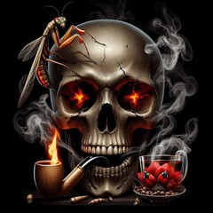skull with mouth smoking using cigarette pipe, red eyes, mantis on top of skull - version 1