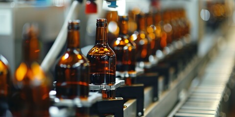 A row of beer bottles on a conveyor belt