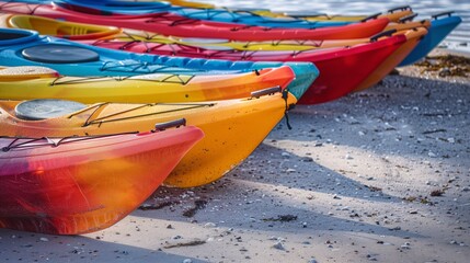 colorful array of kayaks lined up on sandy beach awaiting summer adventures - obrazy, fototapety, plakaty