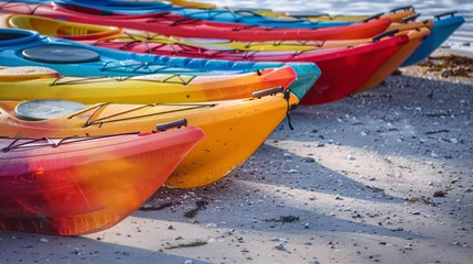 Foto op Canvas colorful array of kayaks lined up on sandy beach awaiting summer adventures © pier