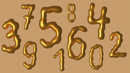 Set of gold isolated numbers. Gold yellow metallic figure. Foil symbol. Bright metallic 3D, realistic vector illustration