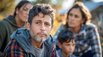 Fototapeta premium A man with a beard and plaid shirt sitting next to two women, AI