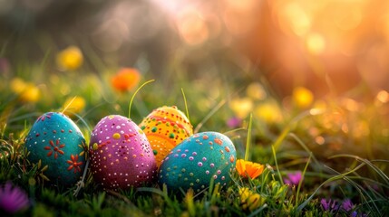 Colorful easter eggs in the grass with colorful flowers, AI