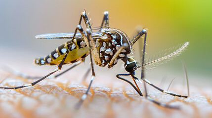 Macro photography showing a mosquito, a pest insect, on a persons arm