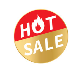 Hot sale tags. Gold ribbon sale banners. Red circle sticker. Vector illustration