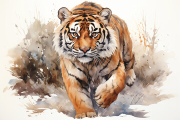 The walking tiger. Watercolor illustration, isolated on white background. - obrazy, fototapety, plakaty