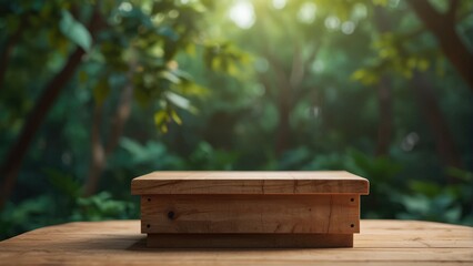 Wooden Showcase Podium Soft Leaves Background, 3D Render